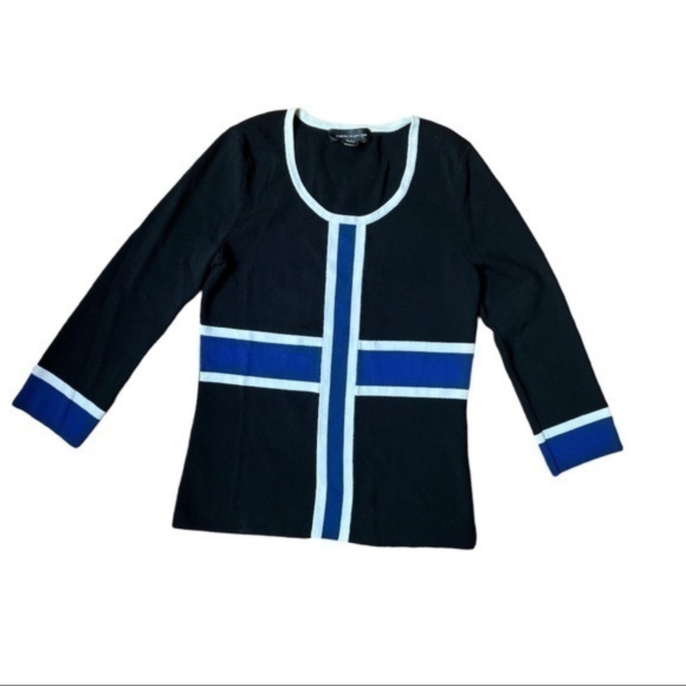 Cable & Gauge size small Long sleeve ribbed top black white and blue, bold color